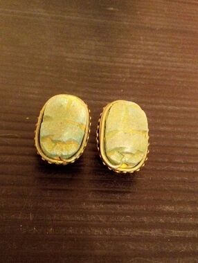 Gold-Tone Scarab Stud Earrings with Aqua Green Stones